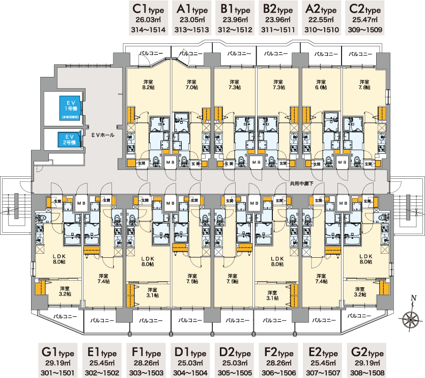 【S-RESIDENCE 国泰寺町一丁目】平面図（3階～15階）