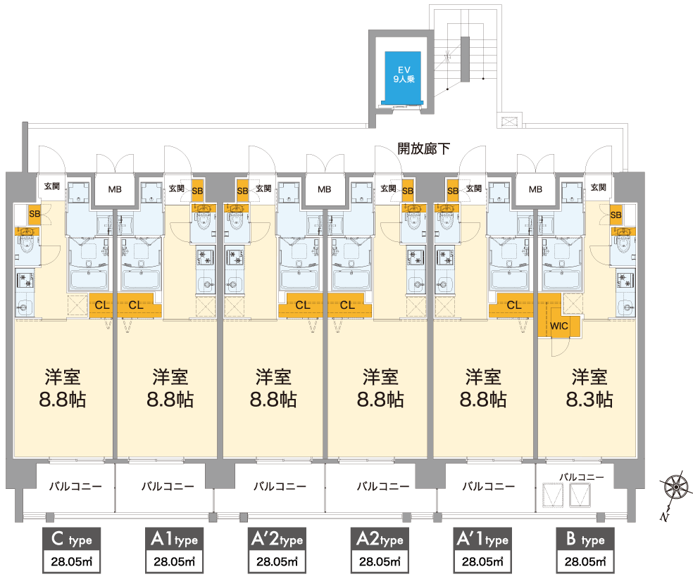 【S-RESIDENCE 西霞町】平面図（2階～9階）