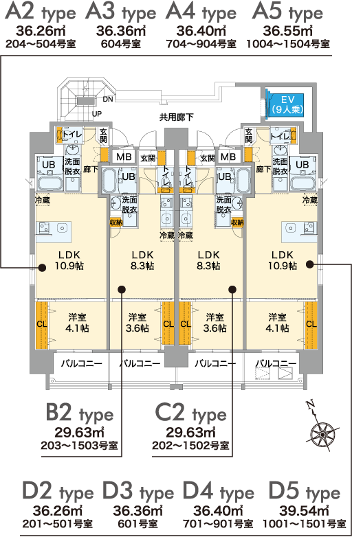 【S-RESIDENCE 新白島駅前】平面図（2階～15階）